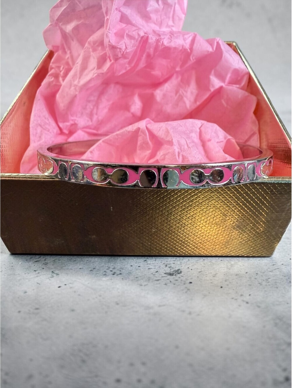 Coach Signature C Pattern Silver-Tone & Pink Enamel Bangle Bracelet